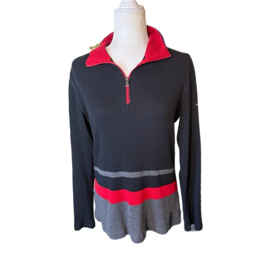 Vintage  Lauren Ralph Lauren Active Large Black  1/4 Zip Striped‎ Preppy Classic